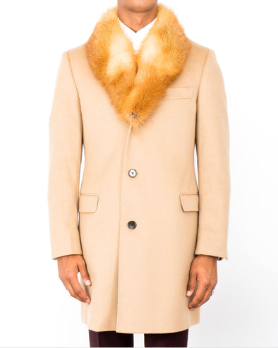 Barrington Camel Top Coat With Red Fox Fur Collar