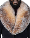 Alistair Black Coat with Crystal Fox Collar Close Up