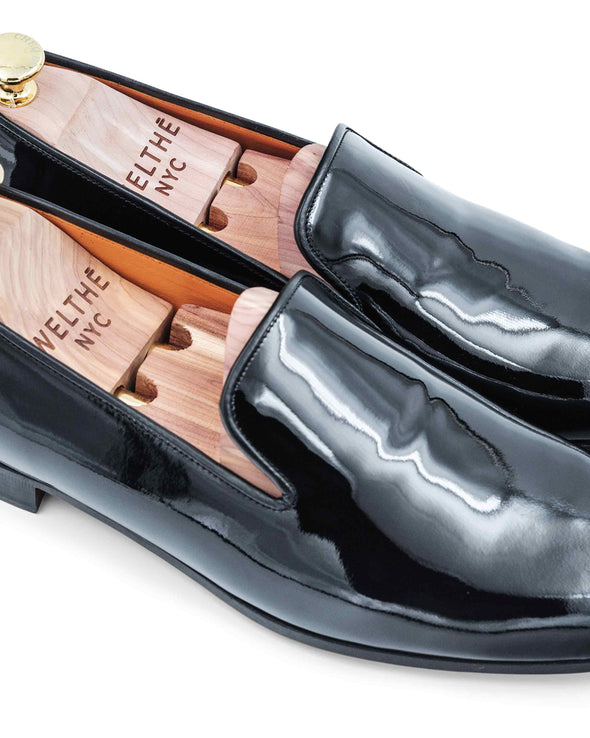 Gary Black Patent Leather Slippers Close Up