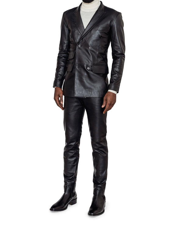 Huey Black Leather Double Breasted Suit