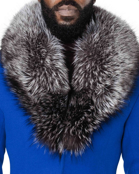 Rico Blue Coat with Silver Fox Collar Close Up